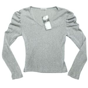 Paper Crane Balletcore Puff Sleeve Ribbed Knit Top Small Gray Twee Soft Coquette